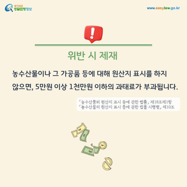 위반시 제재: 농수산물이나 그 가공품 등에 대해 원산지 표시를 하지 않으면, 5만원 이상 1천만원 이하의 과태료가 부과됩니다.「농수산물의 원산지 표시 등에 관한 법률」 제18조제1항 「농수산물의 원산지 표시 등에 관한 법률 시행령」 제10조

